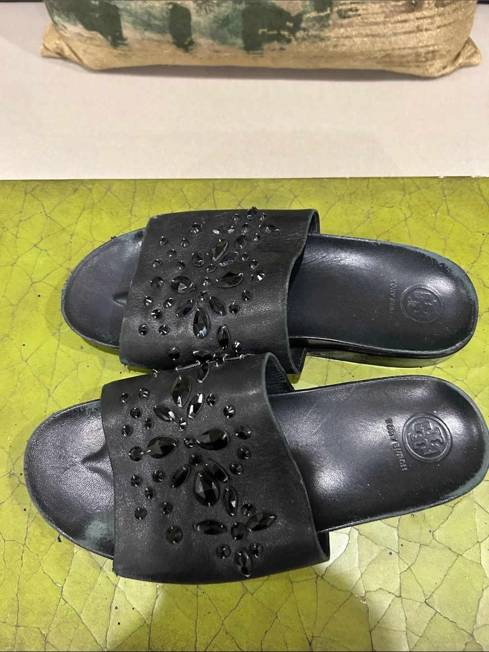 Tory Burch - 8.5 Black Jeweled Slide Sandals - Women's Slip-On Fashion Slides